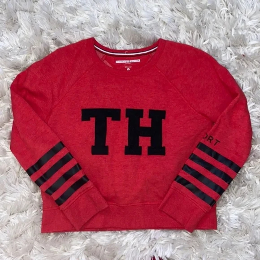 ADORABLE TOMMY HILFIGER SPORT LADIES CROPPED RED/black strip MED Crew Sweatshirt